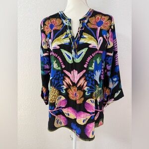 TRU LUXE Jeans Floral Embroidered Tunic Top Split Neck 3/4 Sleeve Black S Rayon